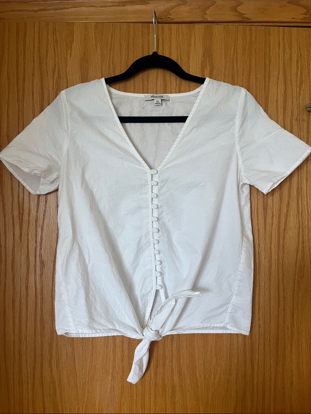 Madewell White V-Neck Button Front Tie Hem Top